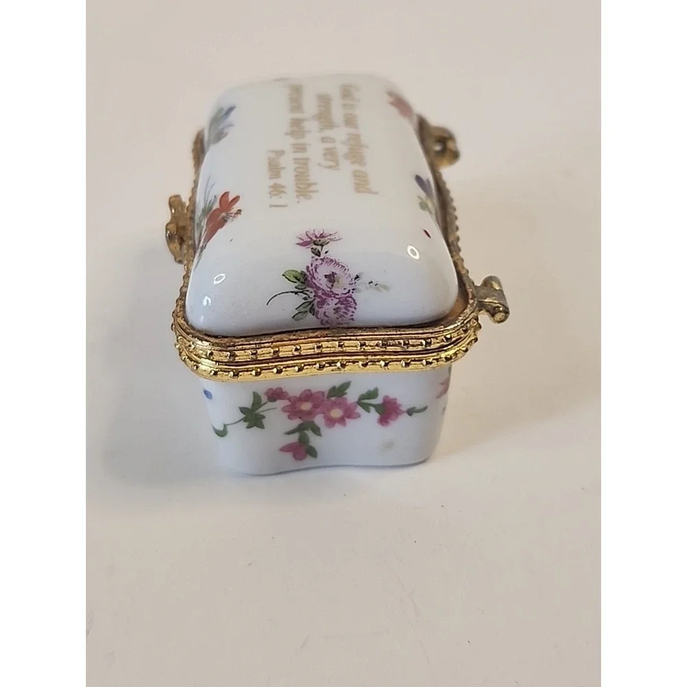 Imperial‎ Porcelain Trinket Box White, Goldtone & Floral Psalm 46:1 Bible Verse
